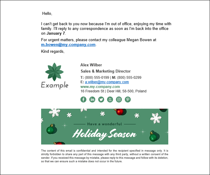 A sample automatic reply sent during Christmas using the Autoresponder feature of CodeTwo Email Signatures 365