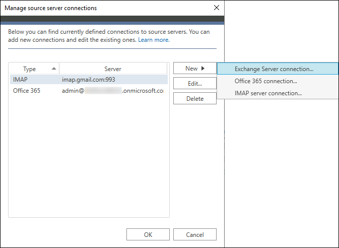 Choosing to add a new Exchange Server connection