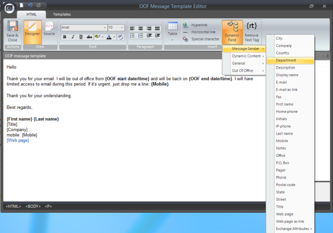 Designing Out of Office for many employees in the built-in editor