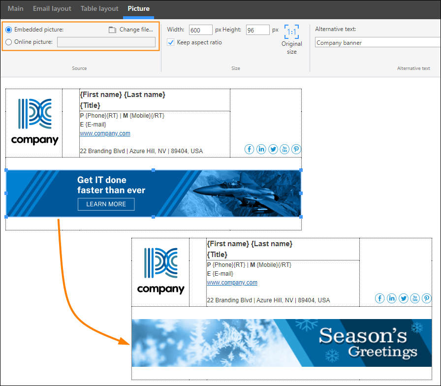 Replacing a standard company banner with a Christmas banner in the editor of CodeTwo Email Signature 365