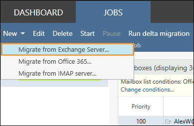Creating a new Exchange Server migration job in CodeTwo Office 365 Migration