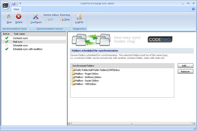 Selecting and modifying synchronization tasks