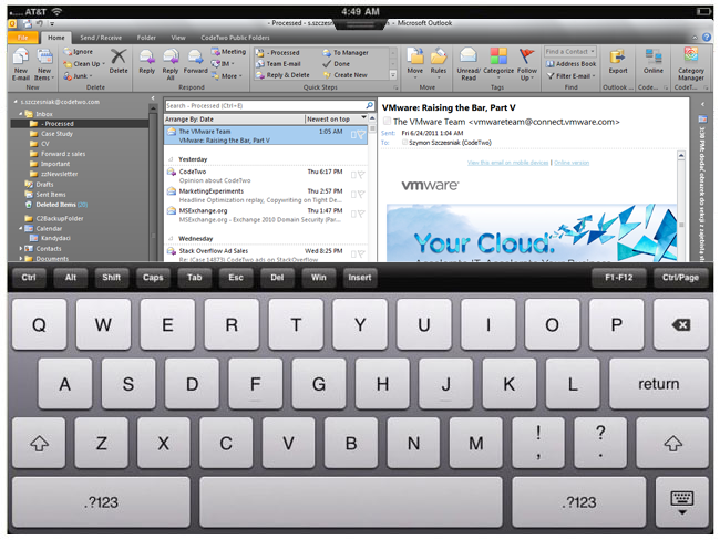 Outlook displayed on iPad using VMware View