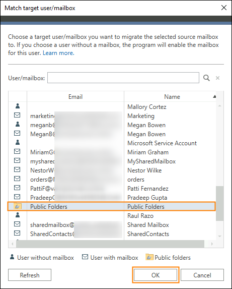 Searching public folders on the target server.