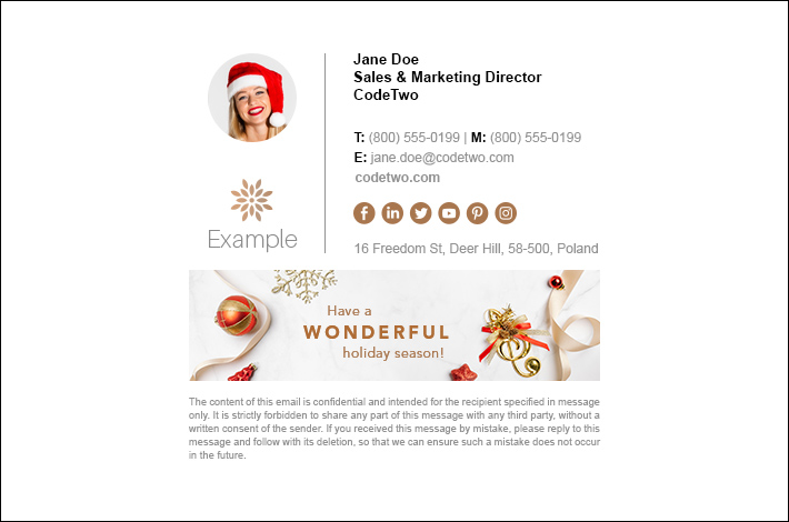 A holiday season email signature with a holiday-themed user profile photo in Microsoft 365 (Office 365)