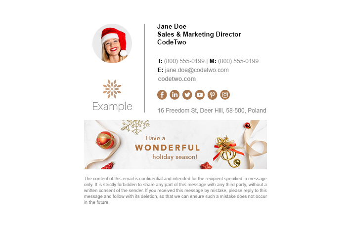 A holiday season email signature with a holiday-themed user profile photo in Microsoft 365 (Office 365)