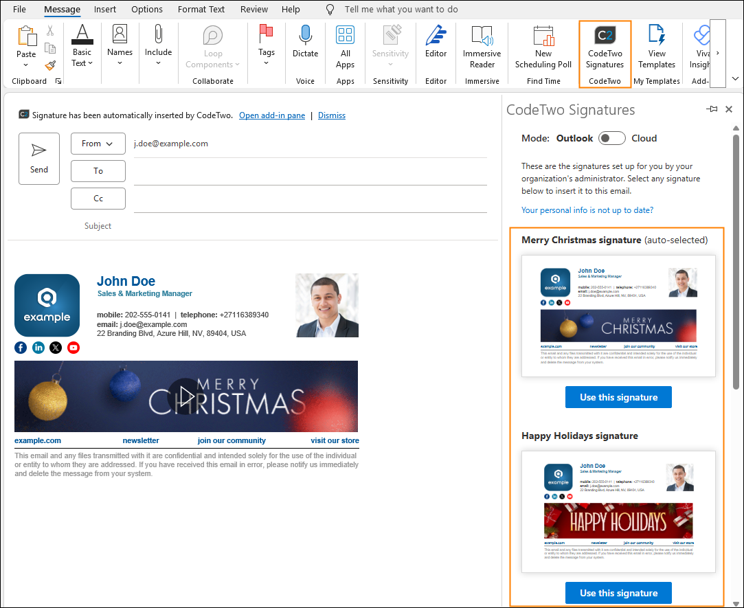 Changing signatures in the CodeTwo add-in for Outlook.