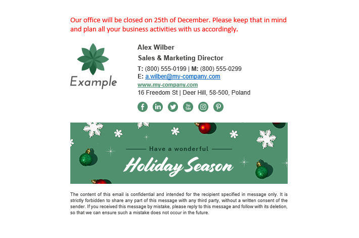 A sample out of office (OoO) note added to an email signature during the winter holidays