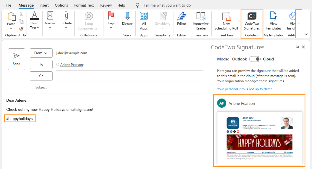 Previewing a cloud signature in the CodeTwo add-in pane.