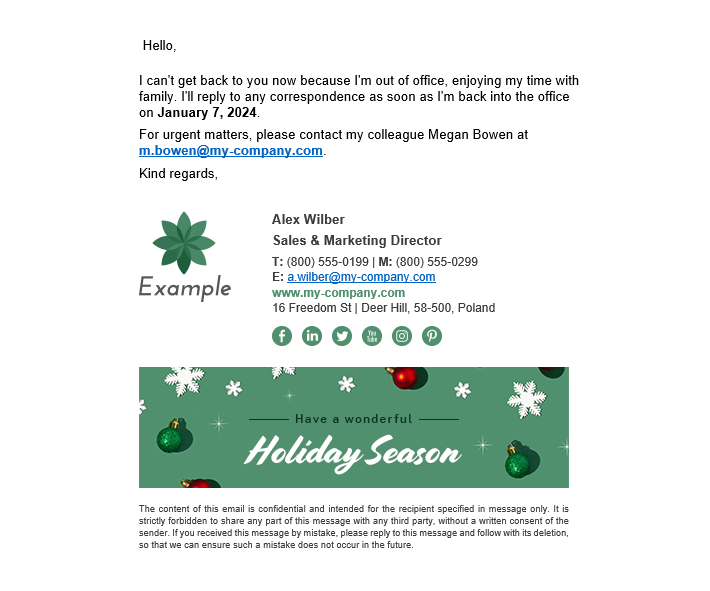 A sample automatic reply sent during Christmas using the Autoresponder feature of CodeTwo Email Signatures 365