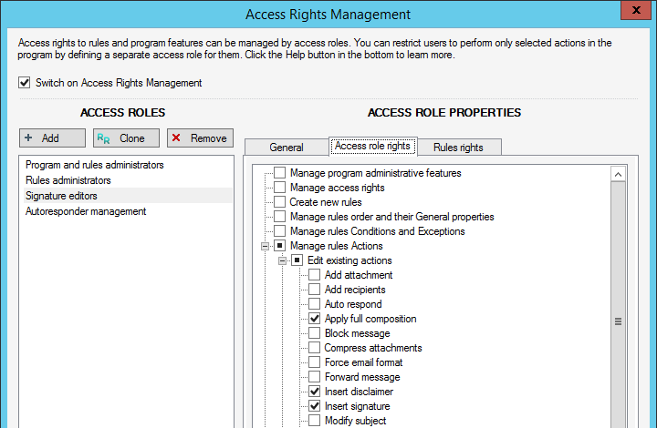 CodeTwo Exchange Rules Pro - Access role rights