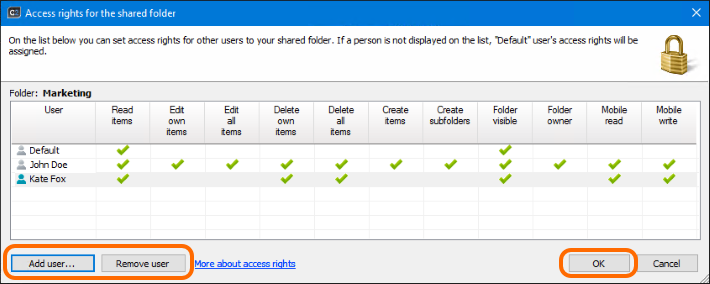 Add users to assign them access rights to your calendar.