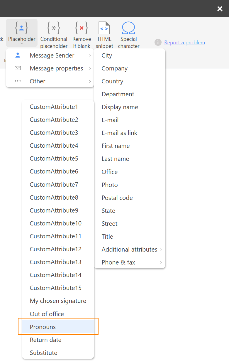 Adding gender pronoun placeholder to an email signature