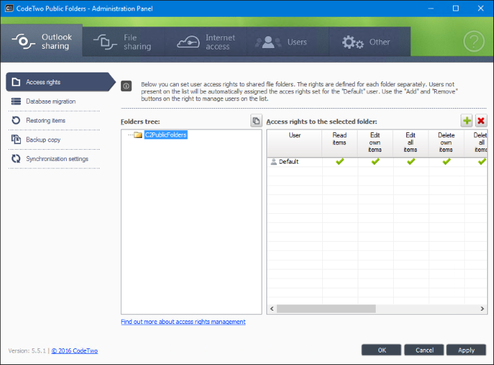 The Administration Panel of CodeTwo Public Folders.