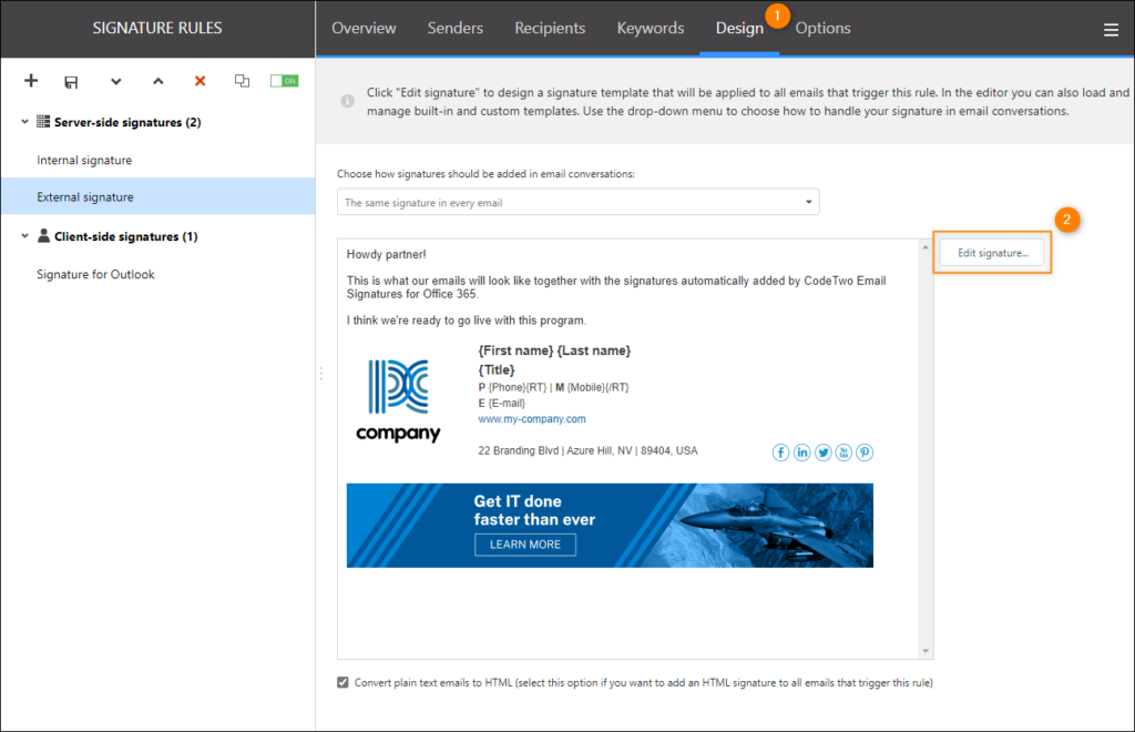 Opening the signature template editor