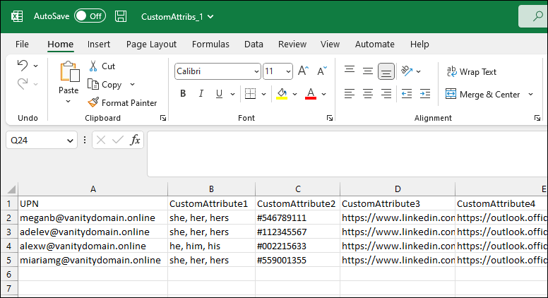 CSV file with custom attributes for bulk update.