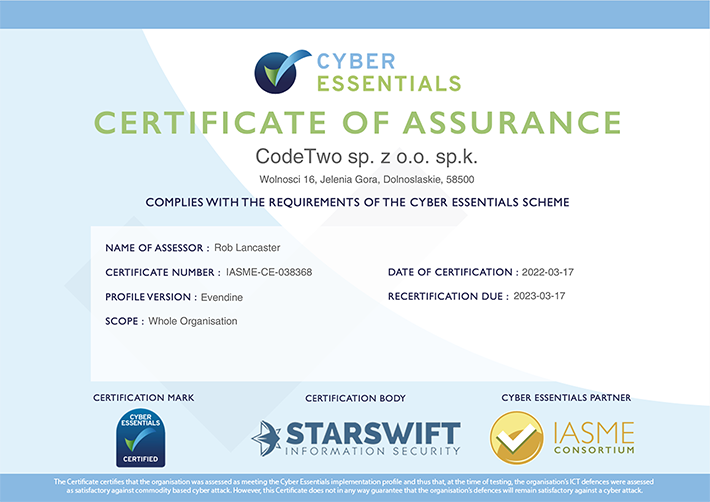 CodeTwo CyberEssentials Certificate