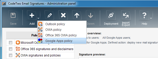 CodeTwo Email Signatures - for Google Apps - select your policy