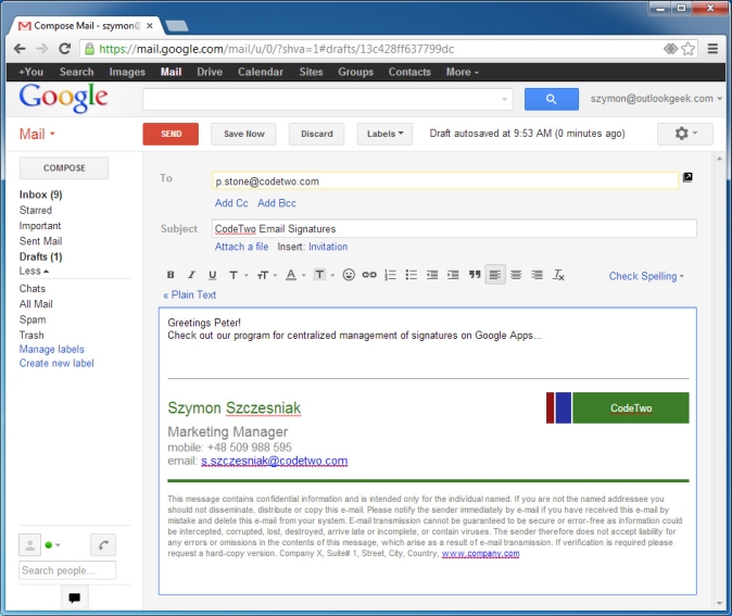 CodeTwo Email Signatures for Google Apps - signature in Gmail
