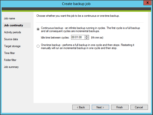Select continuous or one time backup