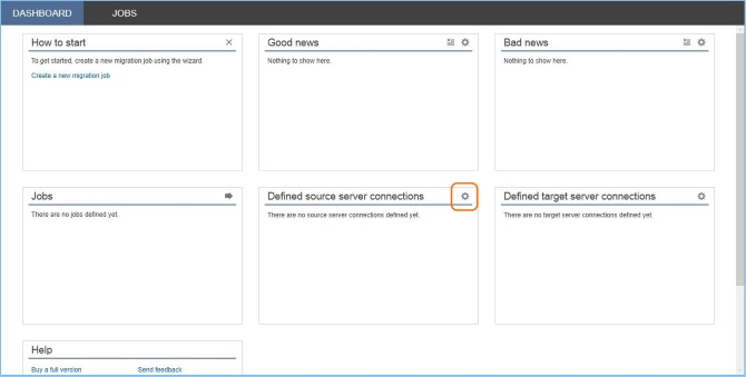 Dashboard - define source server connection in CodeTwo Office 365 Migration.