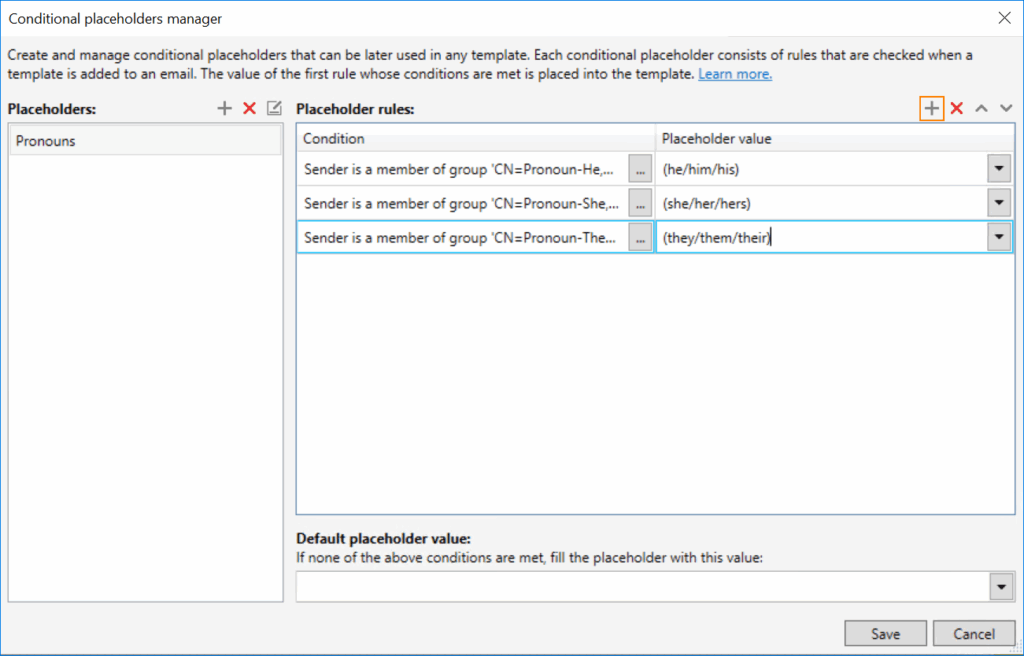 ESIG On-prem configure pronoun conditional placeholder