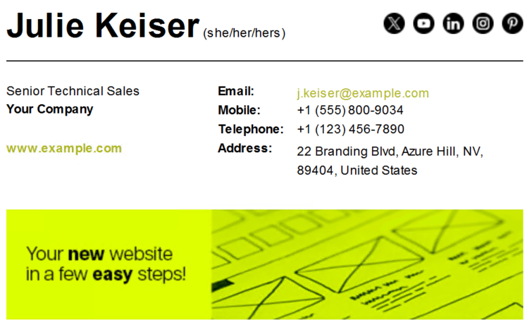 ESIG On-prem example of an email signature with gender pronouns