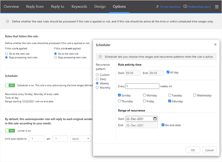 Autoresponder rule - Options tab (small)