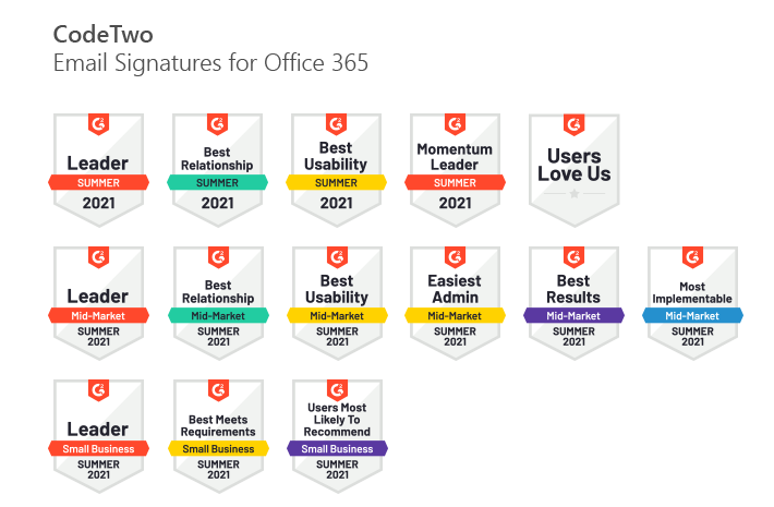 CodeTwo Email Signatures for Office 365 G2 Summer 2021 awards