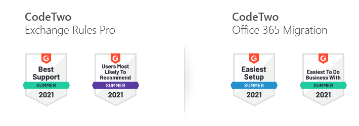 CodeTwo solutions G2 Summer 2021 awards