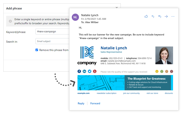 Trigger or suppress email signatures with keywords