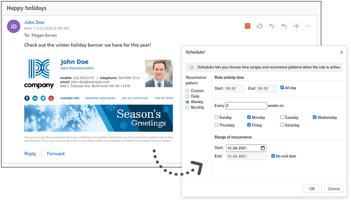 Schedule automatic changes in email signatures