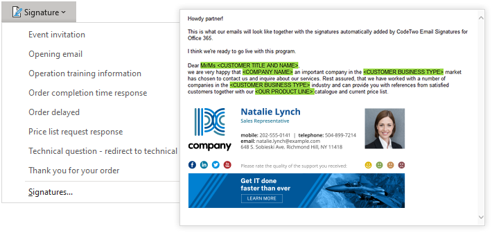 Use email signatures as canned email response templates