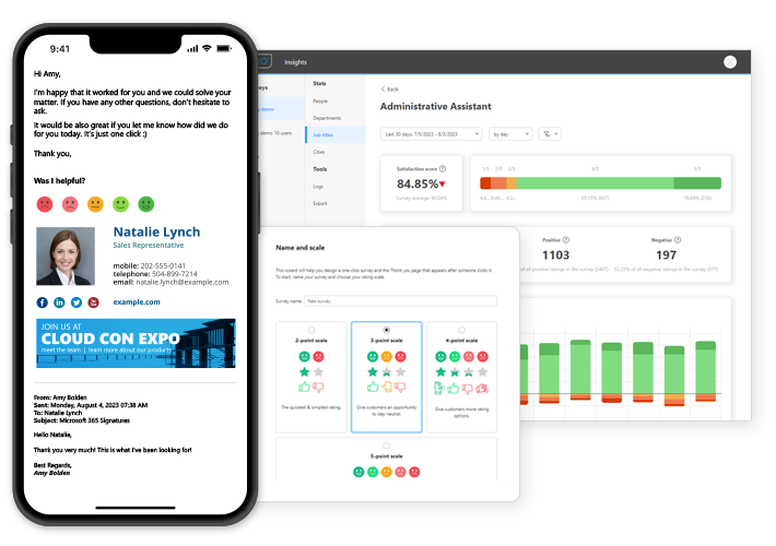 CodeTwo One-click survey example and the CodeTwo Insights dashboard.