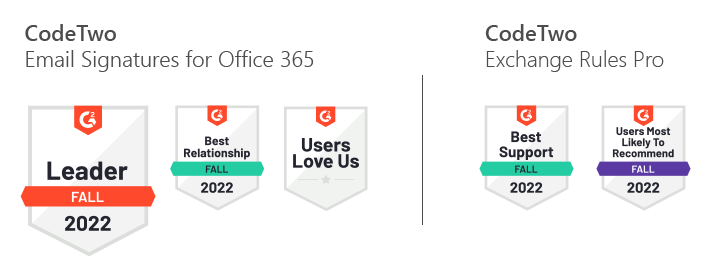 G2 Fall 2022 badges for CodeTwo signature management solutions