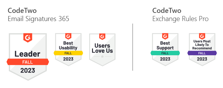 Awards won by CodeTwo email signature tools in G2's Fall 2023 reports