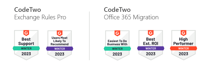 G2.com badges for CodeTwo migration and Exchange Server products in year 2023