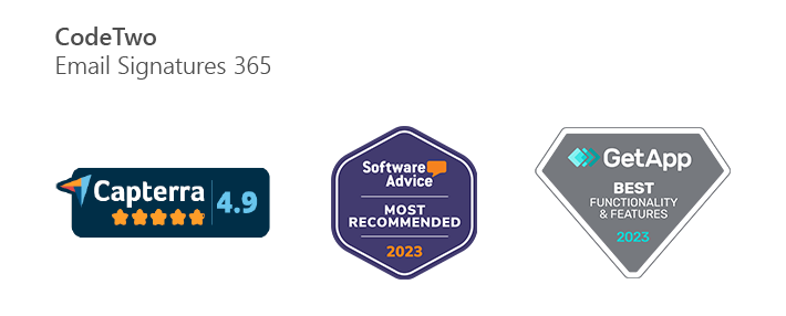 2023 badges for CodeTwo Email Signatures 365 from Gartner Digital Markets software review portals