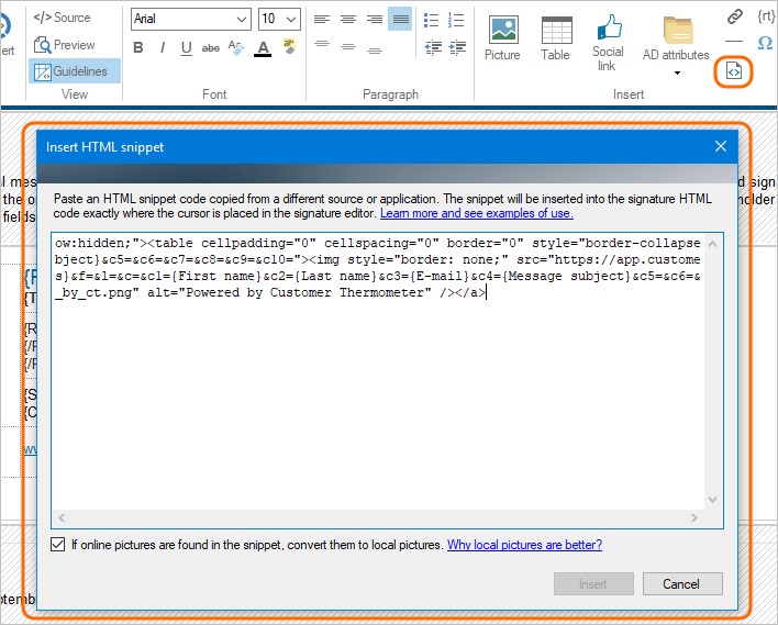 Insert HTML snippet to your Office 365 signatures