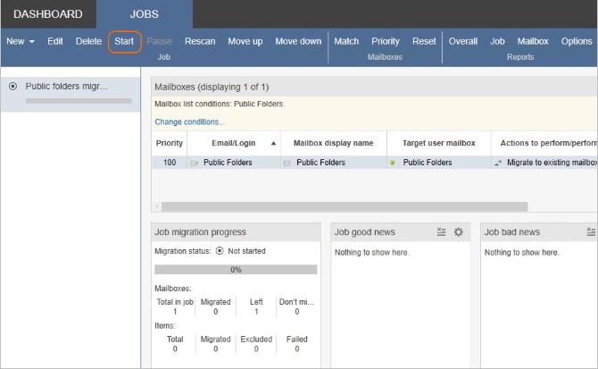 Jobs tab - start migration of Public Folders.