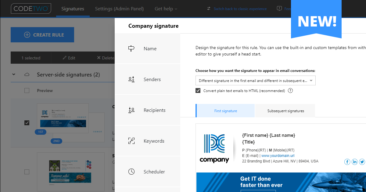 Brand new signature management interface in CodeTwo Email Signatures for Office 365