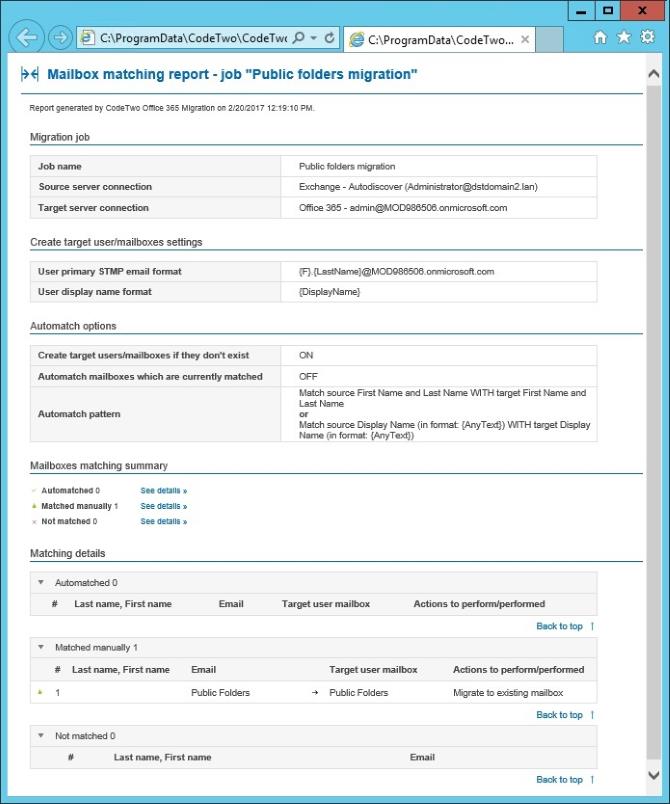 Match public folders - report from CodeTwo Office 365 Migration.