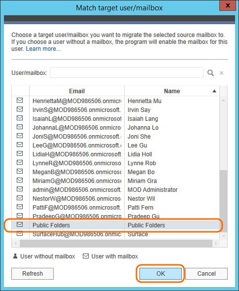 Search public folders on the target server.