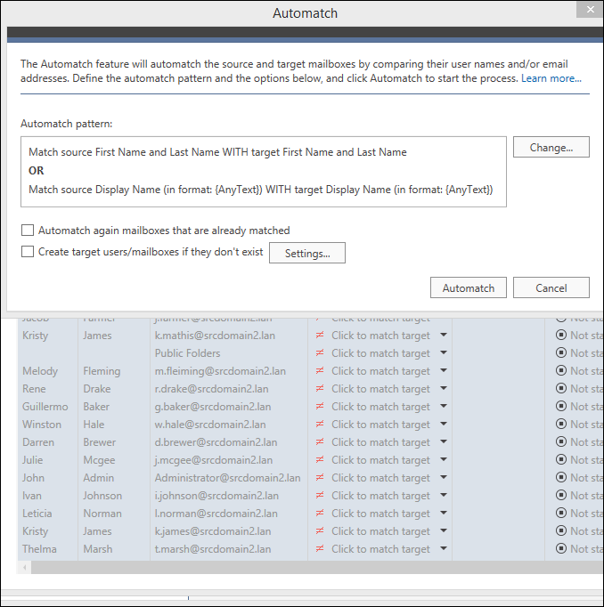 Migrate legacy Exchange - Automatch mailboxes