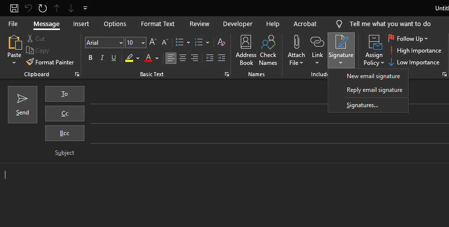 Native Outlook signature settings