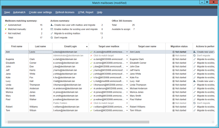 Result of source and target mailbox automatching process