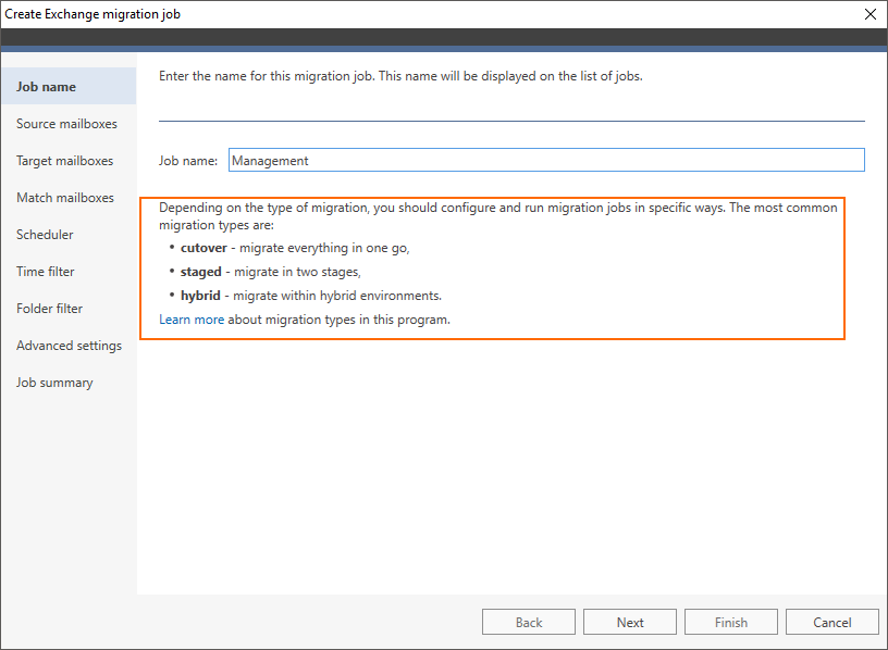 Configure migration job depending on the migration type