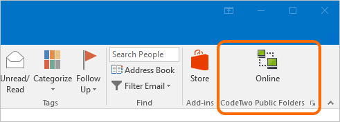 The Online icon of CodeTwo Public Folders in Outlook 2016.