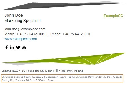 Christmas business opening hours in the email signatures.