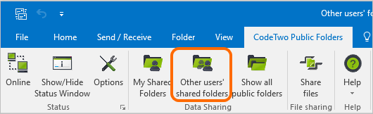Other users' shared folders button in Outlook 2016.